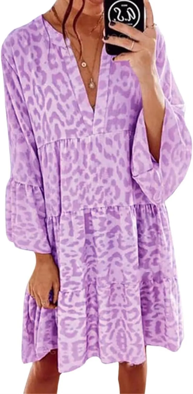 Womens Casual Dresses Print Puff Long Sleeve V Neck Ruffle A Line Dress Bohemian Flowy Summer Beach Sundress