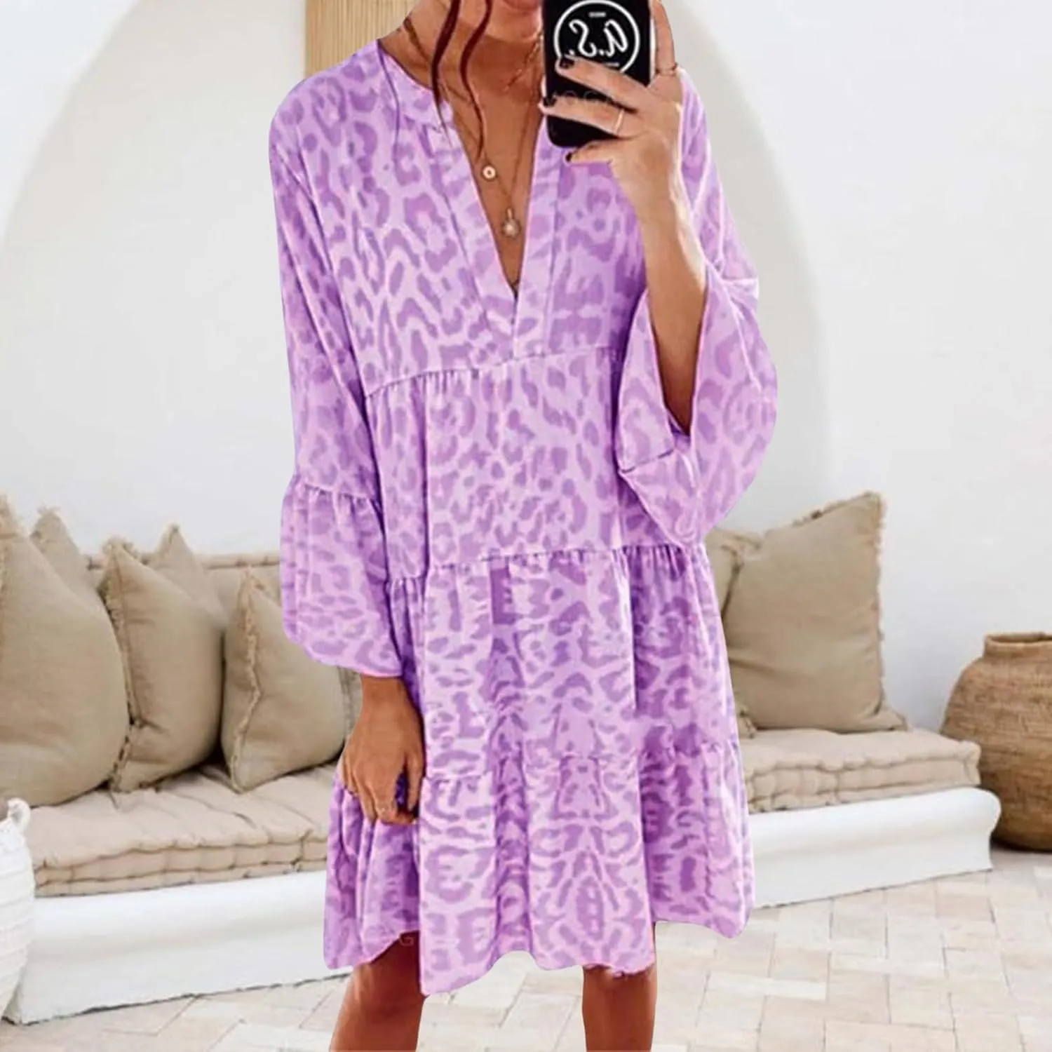 Womens Casual Dresses Print Puff Long Sleeve V Neck Ruffle A Line Dress Bohemian Flowy Summer Beach Sundress