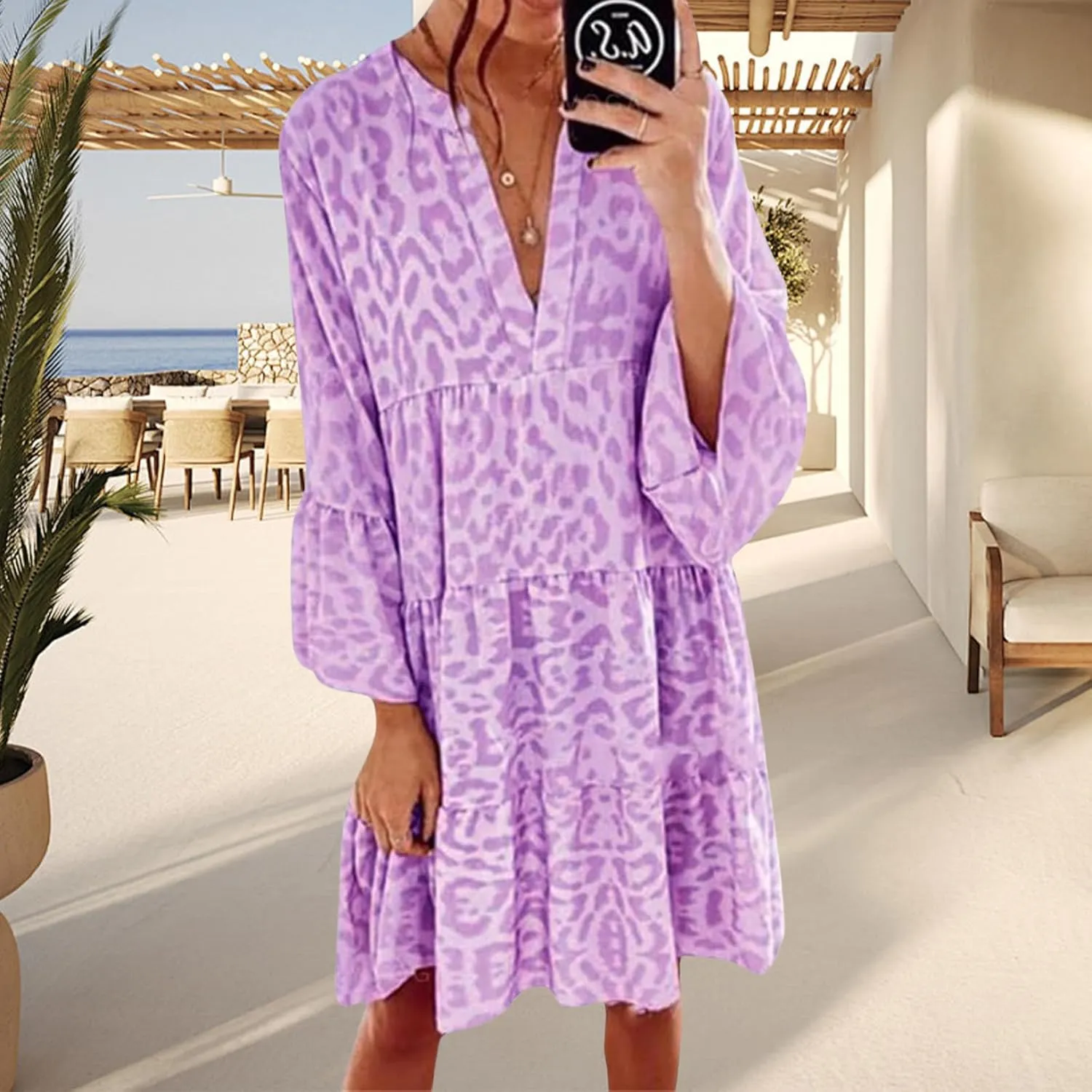 Womens Casual Dresses Print Puff Long Sleeve V Neck Ruffle A Line Dress Bohemian Flowy Summer Beach Sundress