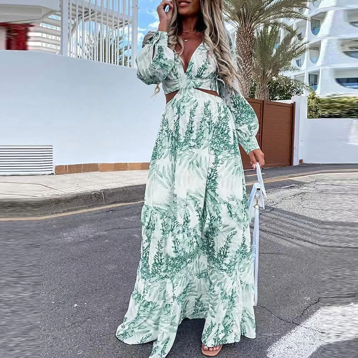 Women's Casual Dresses Summer Loose Trendy Short Sleeve V-Neck Floral Print Beach Vacation Maxi Dress, S-XL