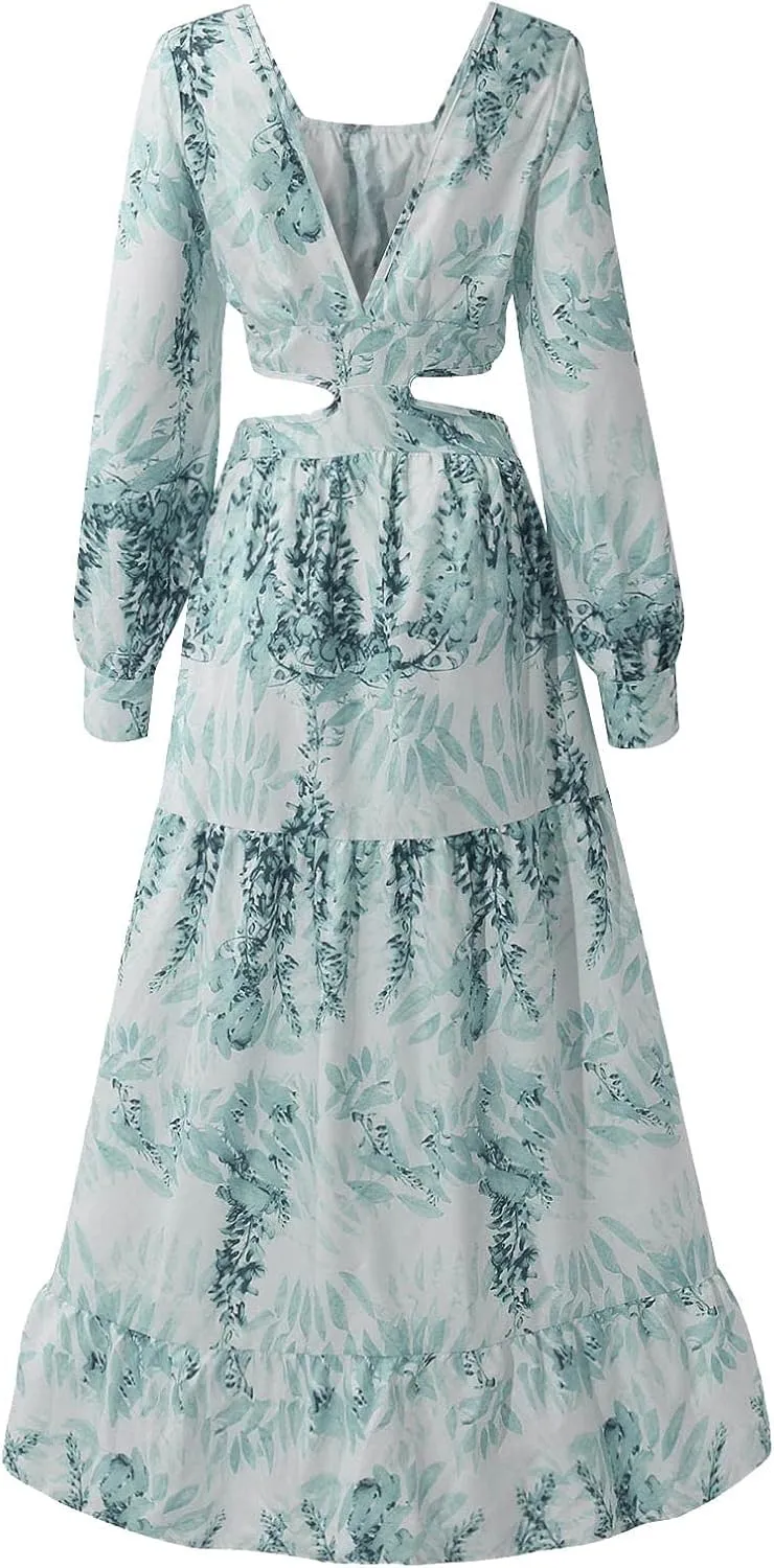 Women's Casual Dresses Summer Loose Trendy Short Sleeve V-Neck Floral Print Beach Vacation Maxi Dress, S-XL