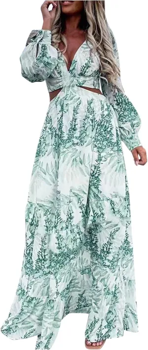 Women's Casual Dresses Summer Loose Trendy Short Sleeve V-Neck Floral Print Beach Vacation Maxi Dress, S-XL