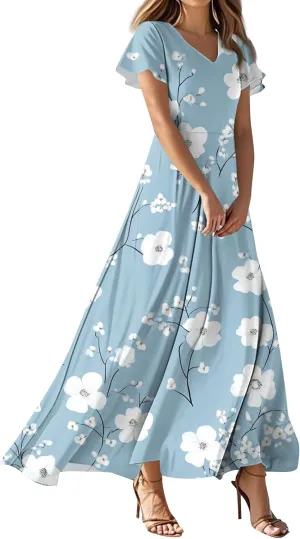 Women's Casual Dresses Summer Loose Trendy Short Sleeve V-Neck Floral Printed Sun Beach Maxi Dress, XS-2XL