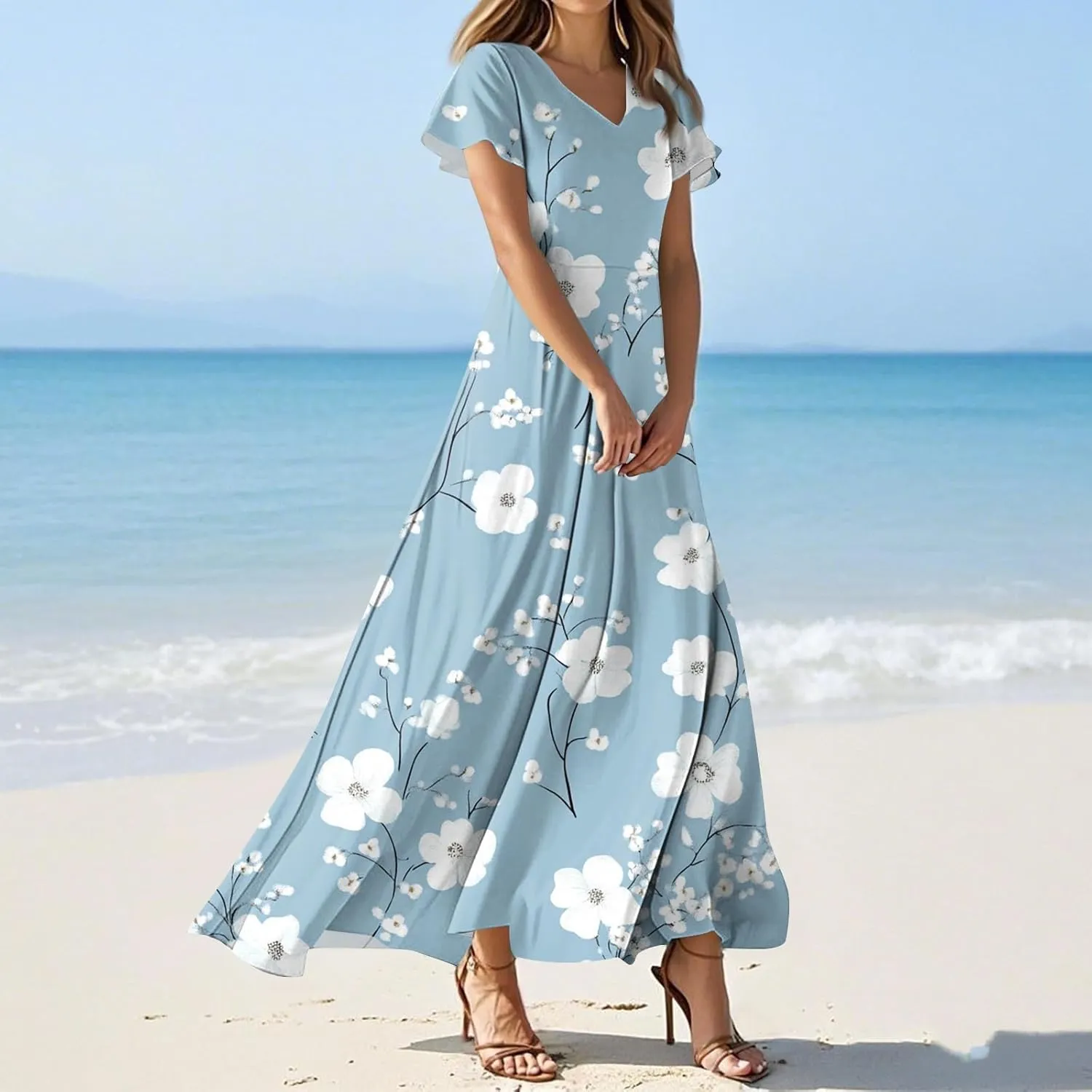 Women's Casual Dresses Summer Loose Trendy Short Sleeve V-Neck Floral Printed Sun Beach Maxi Dress, XS-2XL