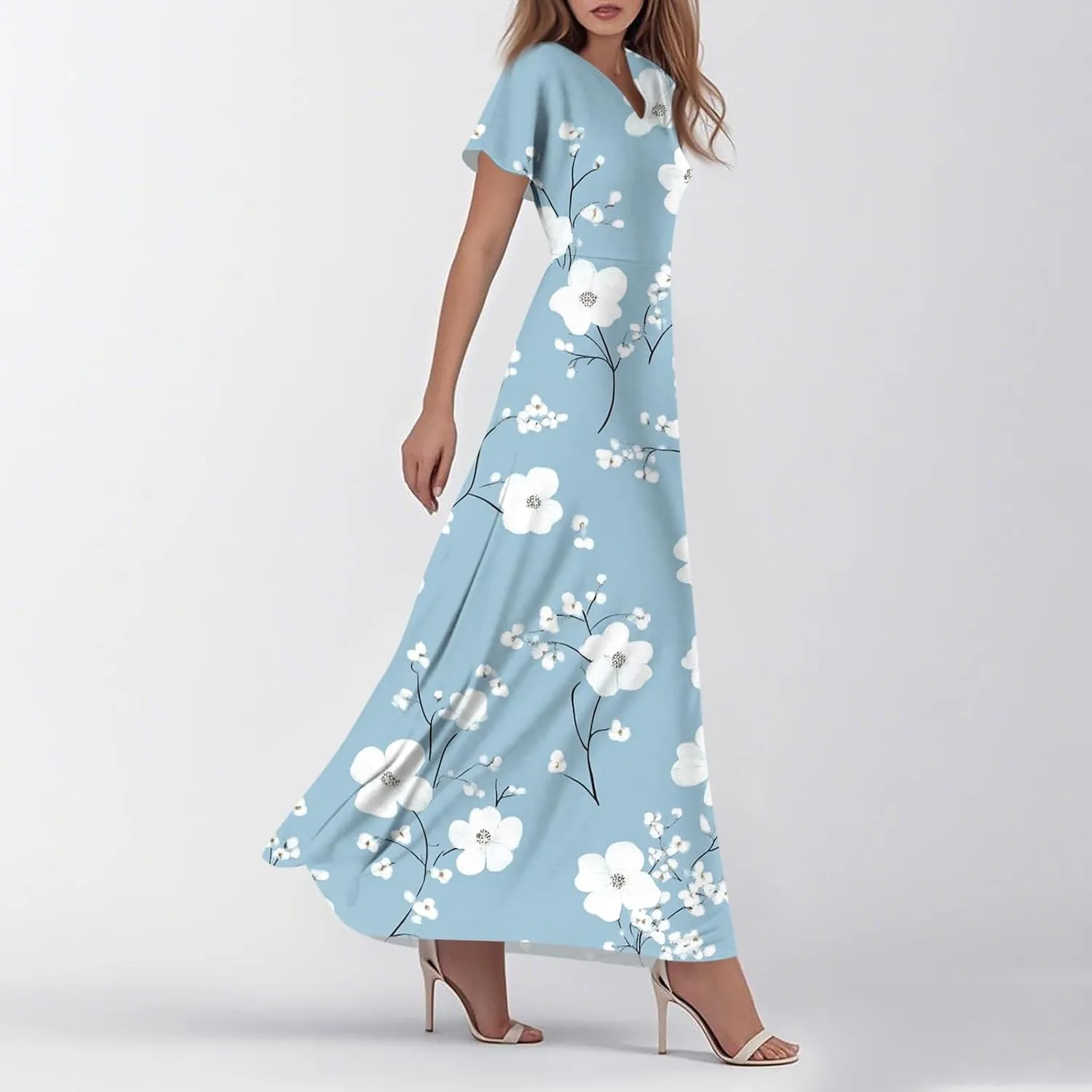 Women's Casual Dresses Summer Loose Trendy Short Sleeve V-Neck Floral Printed Sun Beach Maxi Dress, XS-2XL