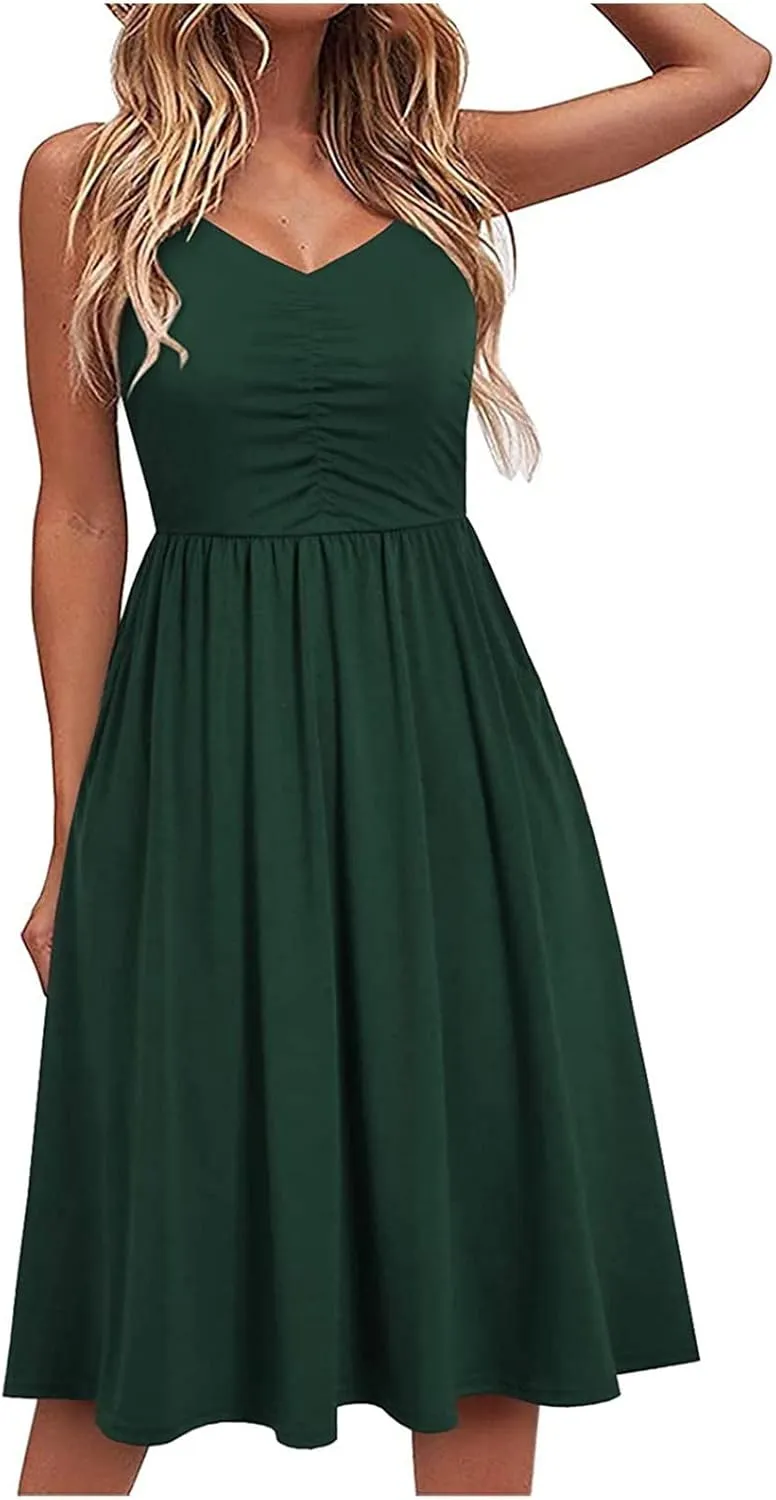 Women's Casual Dresses Summer Pleated Dress Sexy Spaghetti Strap Dresses Sleeveless V Neck Solid Tiered Clothes