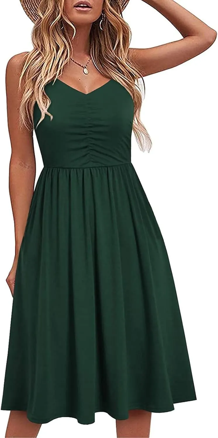 Women's Casual Dresses Summer Pleated Dress Sexy Spaghetti Strap Dresses Sleeveless V Neck Solid Tiered Clothes