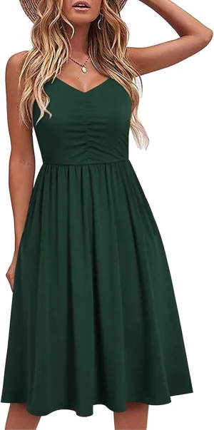 Women's Casual Dresses Summer Pleated Dress Sexy Spaghetti Strap Dresses Sleeveless V Neck Solid Tiered Clothes