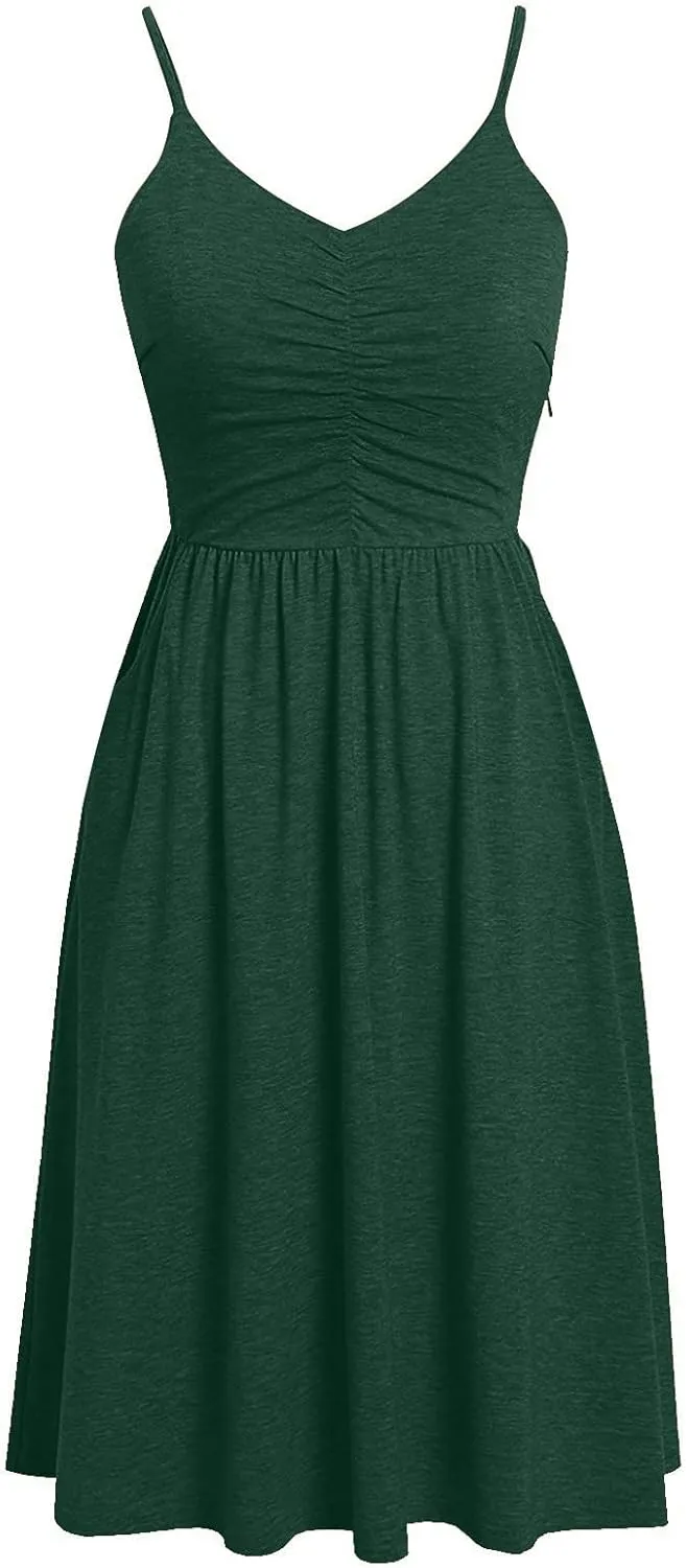 Women's Casual Dresses Summer Pleated Dress Sexy Spaghetti Strap Dresses Sleeveless V Neck Solid Tiered Clothes