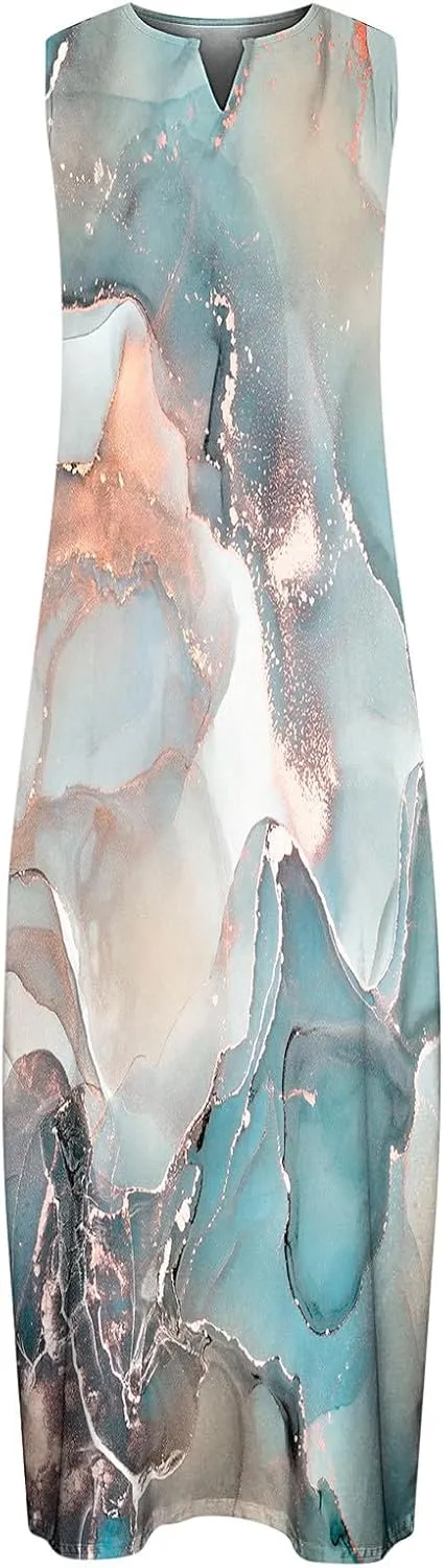 Womens Casual Loose Printed Tank Dress Summer Beach V-Neck Pocket Sundress Sleeveless Floor Length Dresses
