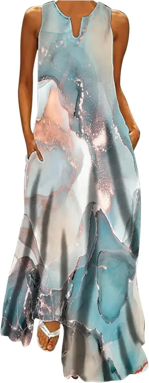 Womens Casual Loose Printed Tank Dress Summer Beach V-Neck Pocket Sundress Sleeveless Floor Length Dresses