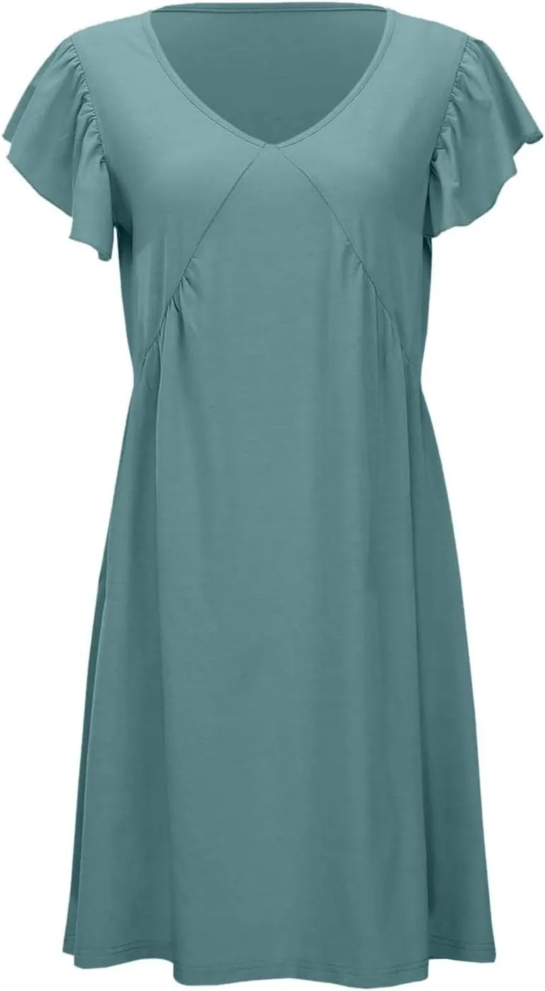 Women's Casual Summer Dresses Loose Sundress Ruffle Sleeve Mini Dresses 2025 Beach Deep V Neck Solid Color Dress