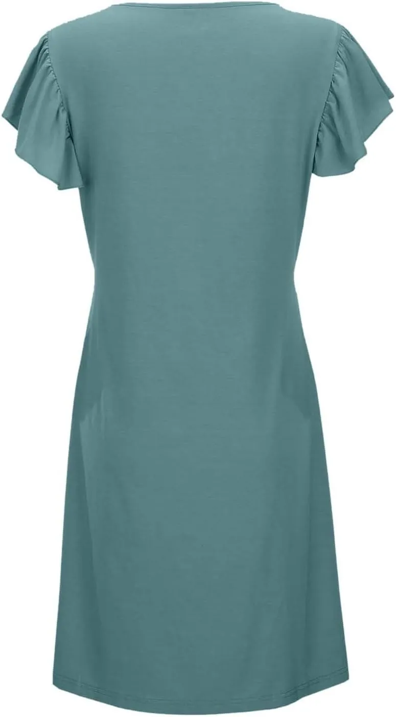 Women's Casual Summer Dresses Loose Sundress Ruffle Sleeve Mini Dresses 2025 Beach Deep V Neck Solid Color Dress