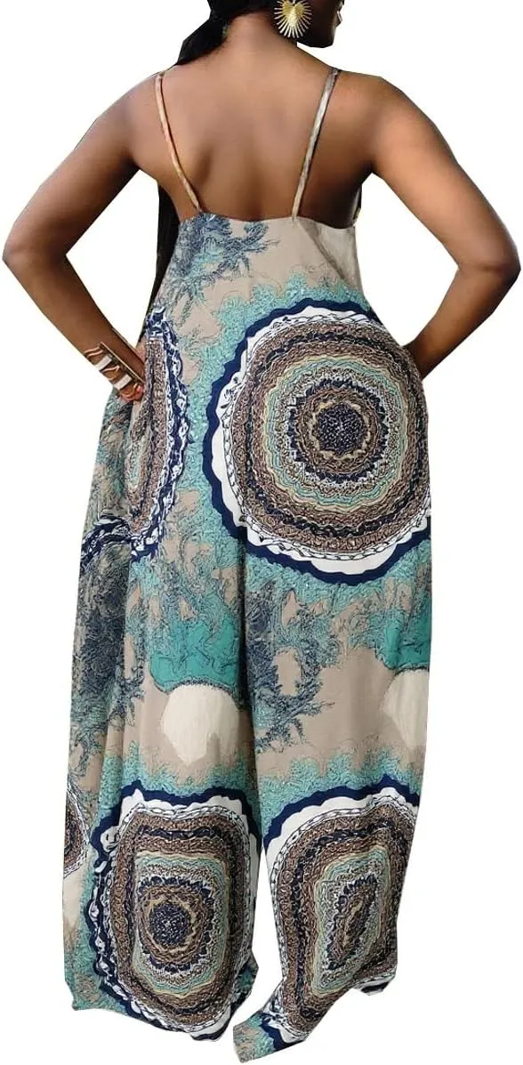 Women's Casual Summer Jumpsuits Sexy Loose Spaghetti Strap Floral Print Jumpsuit Wide Leg Pants Rompers with Pockets
