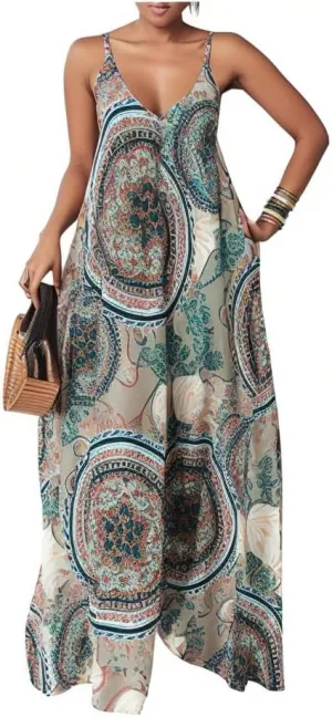Women's Casual Summer Jumpsuits Sexy Loose Spaghetti Strap Floral Print Jumpsuit Wide Leg Pants Rompers with Pockets