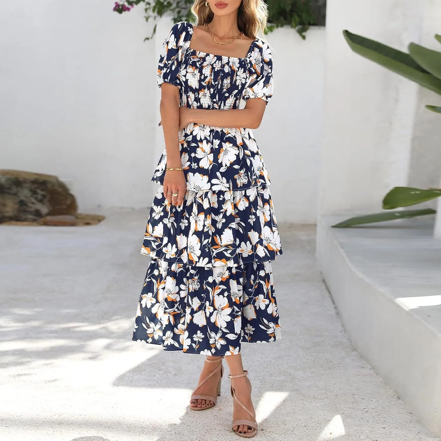 Women's Casual Summer Midi Dress Puffy Short Sleeve Square Neck Smocked Tiered Ruffle Dresses Wedding Guest Dresses