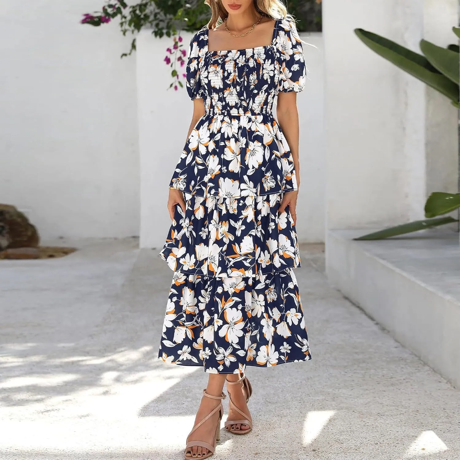 Women's Casual Summer Midi Dress Puffy Short Sleeve Square Neck Smocked Tiered Ruffle Dresses Wedding Guest Dresses