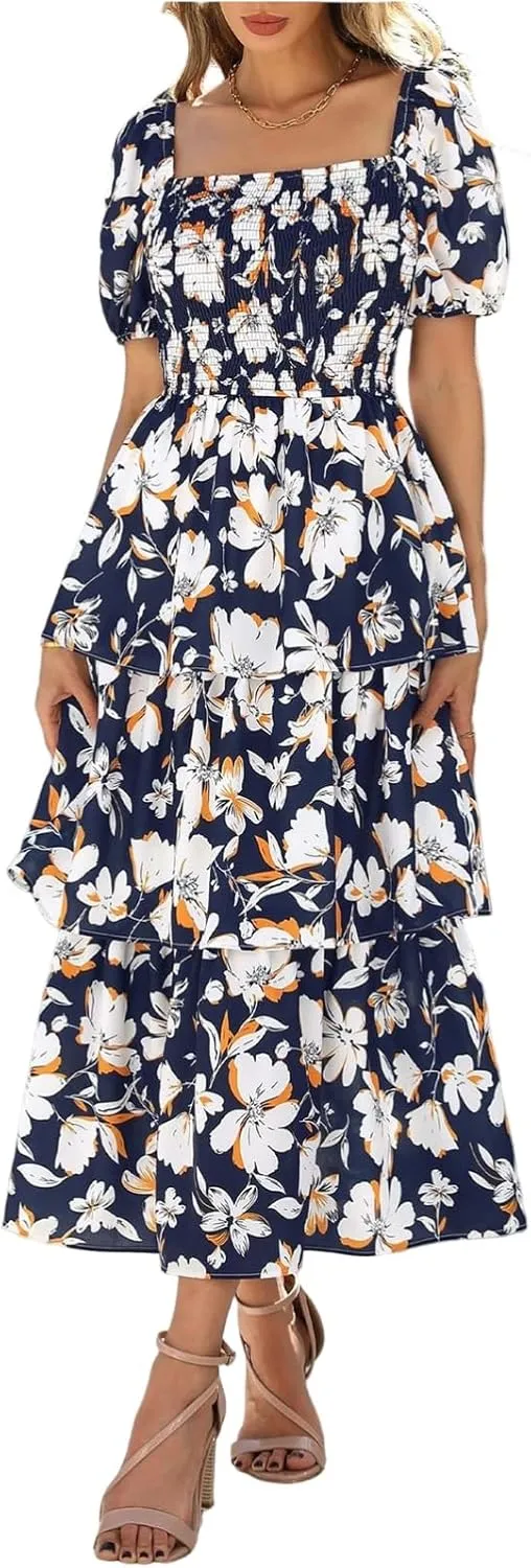 Women's Casual Summer Midi Dress Puffy Short Sleeve Square Neck Smocked Tiered Ruffle Dresses Wedding Guest Dresses