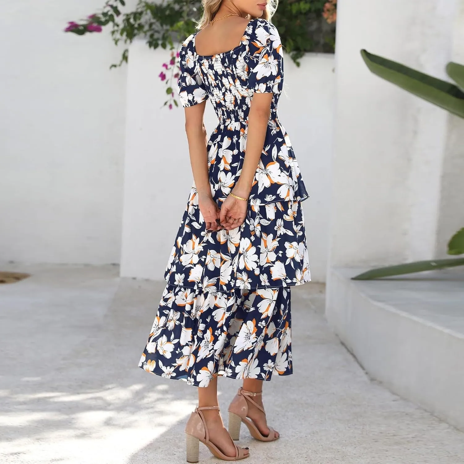 Women's Casual Summer Midi Dress Puffy Short Sleeve Square Neck Smocked Tiered Ruffle Dresses Wedding Guest Dresses