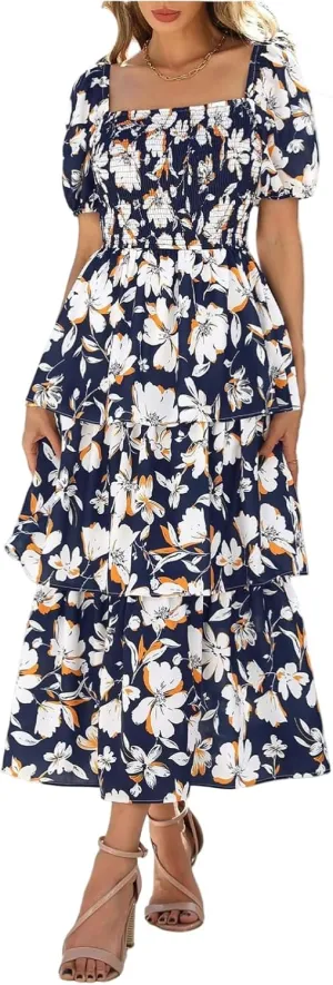 Women's Casual Summer Midi Dress Puffy Short Sleeve Square Neck Smocked Tiered Ruffle Dresses Wedding Guest Dresses
