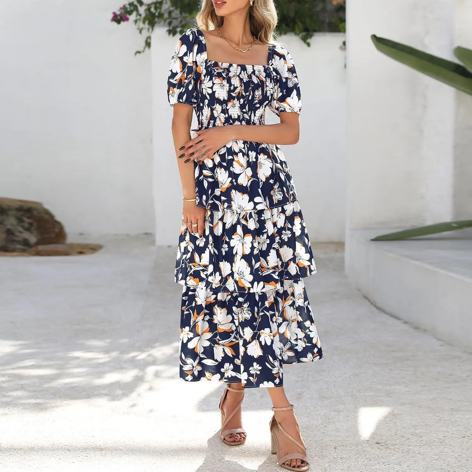Women's Casual Summer Midi Dress Puffy Short Sleeve Square Neck Smocked Tiered Ruffle Dresses Wedding Guest Dresses