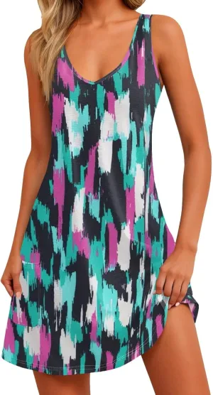 Women's Casual Sundress with Pockets 2025 Summer Boho Beach Dress V Neck Loose Tank Dresses