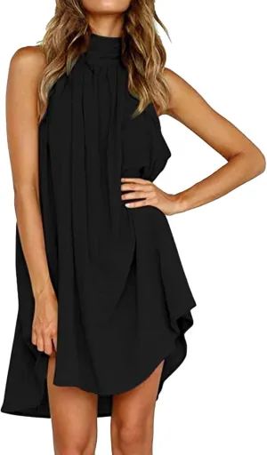 Women's Casual Tie Back Halter Neck Flared Hem Flowy Pleated Beach Sundress Sleeveless Summer A Dresses for Juniors