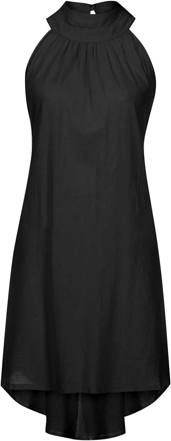 Women's Casual Tie Back Halter Neck Flared Hem Flowy Pleated Beach Sundress Sleeveless Summer A Dresses for Juniors
