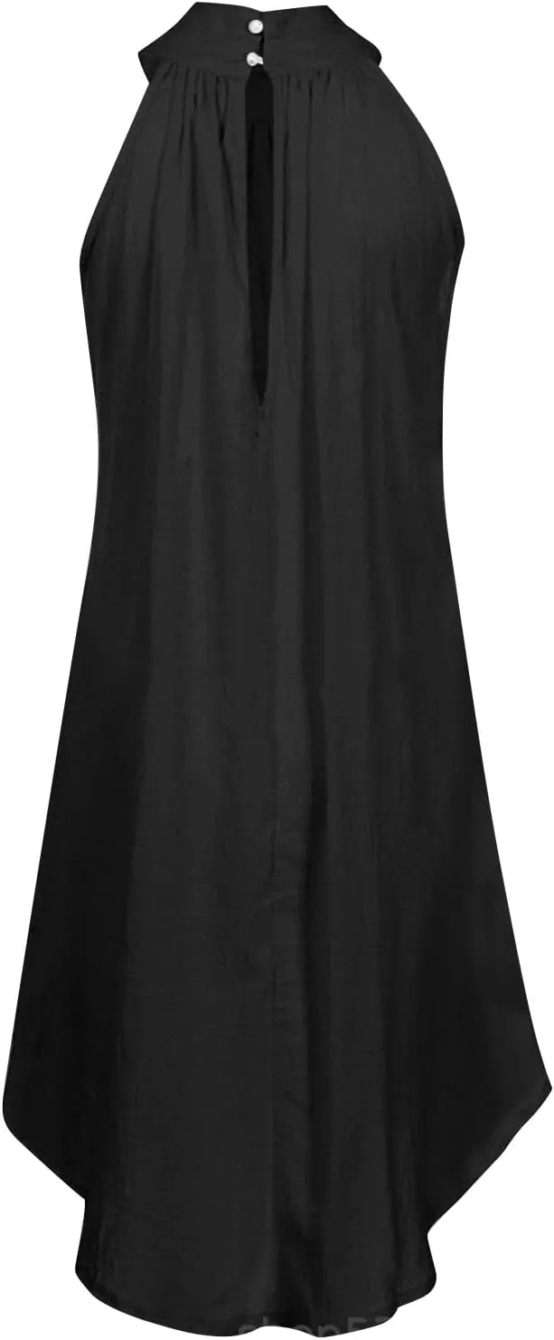 Women's Casual Tie Back Halter Neck Flared Hem Flowy Pleated Beach Sundress Sleeveless Summer A Dresses for Juniors