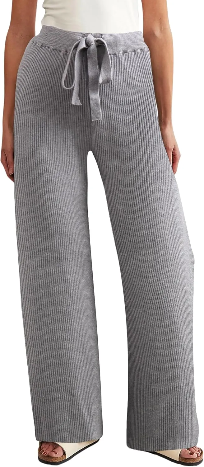 Women's Casual Wide Leg Pants Fall Winter Elastic Waist Loose Rib Knit Lounge Palazzo Trousers High Waist Sweater Pant
