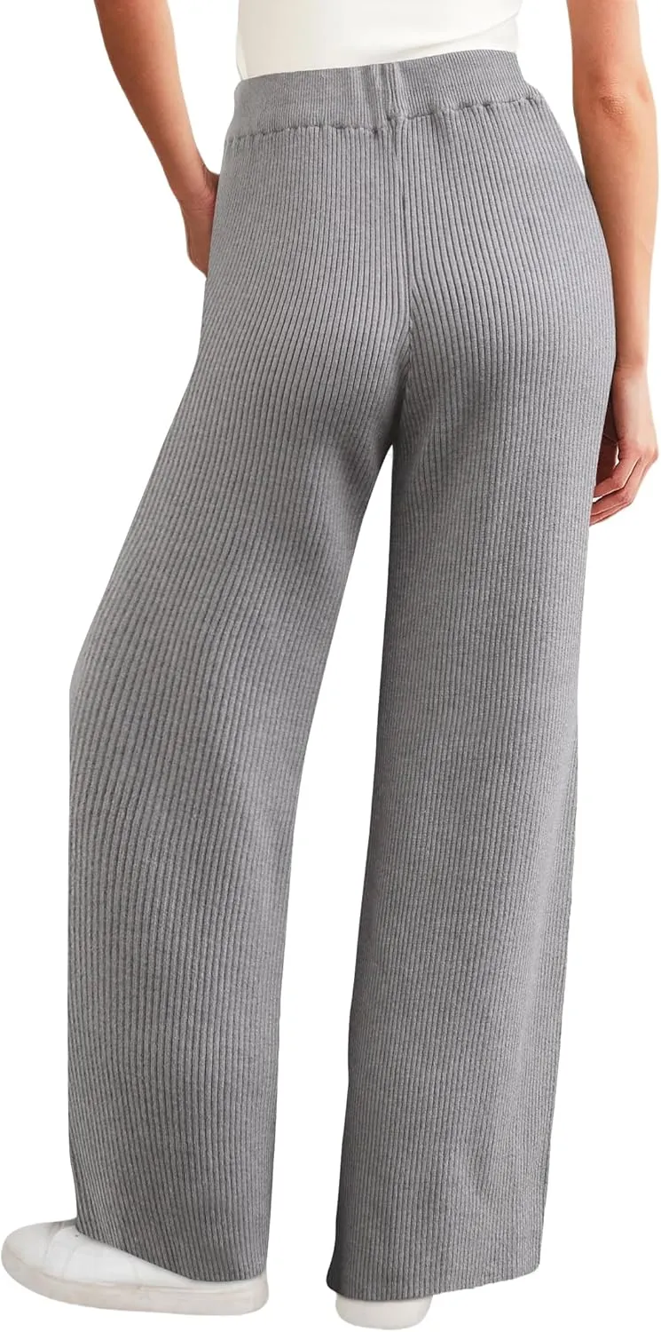 Women's Casual Wide Leg Pants Fall Winter Elastic Waist Loose Rib Knit Lounge Palazzo Trousers High Waist Sweater Pant