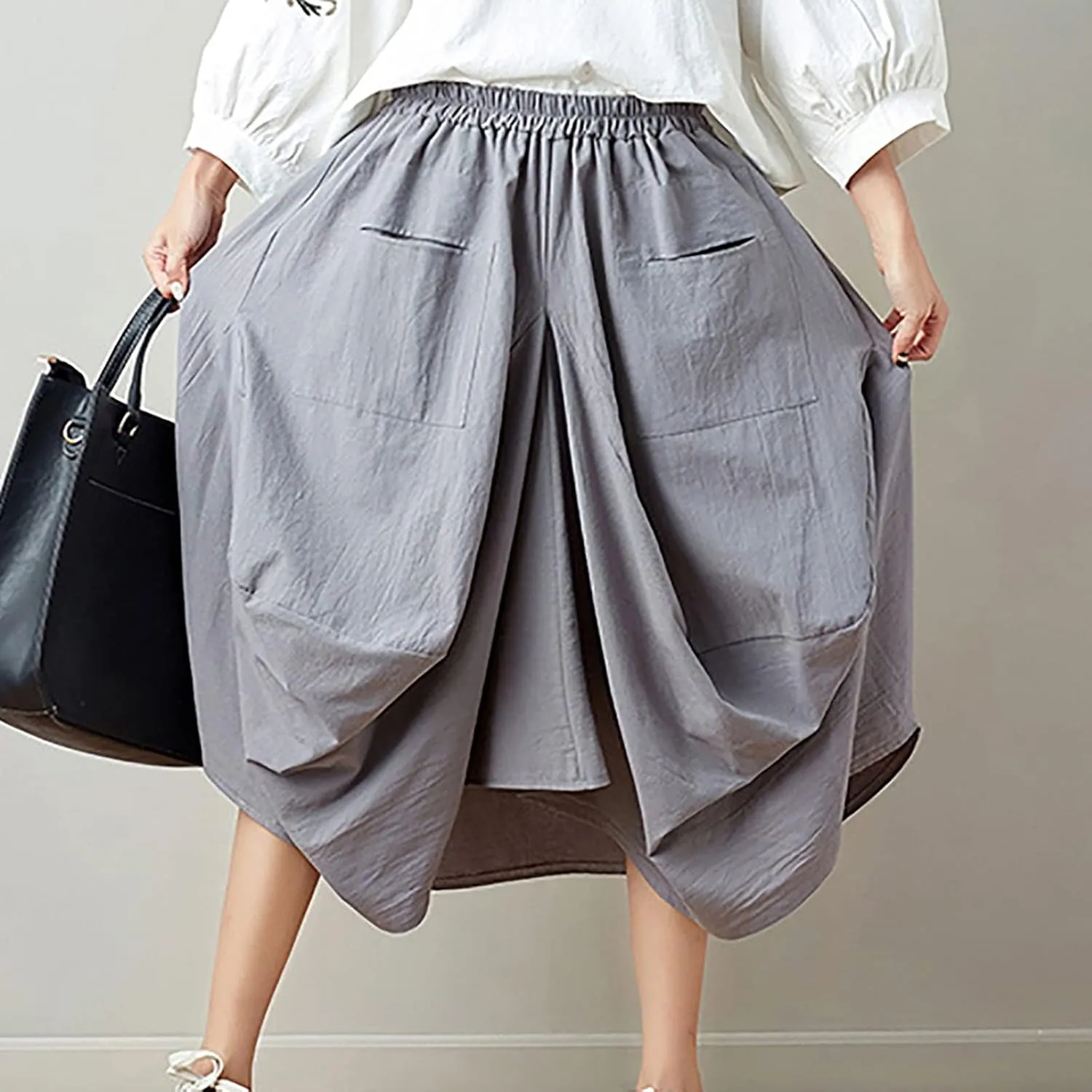 Women's Cotton Linen Harem Skirt Loose Fit Baggy Midi Skirts with Pockets Casual Boho Beach Dress Streetwear