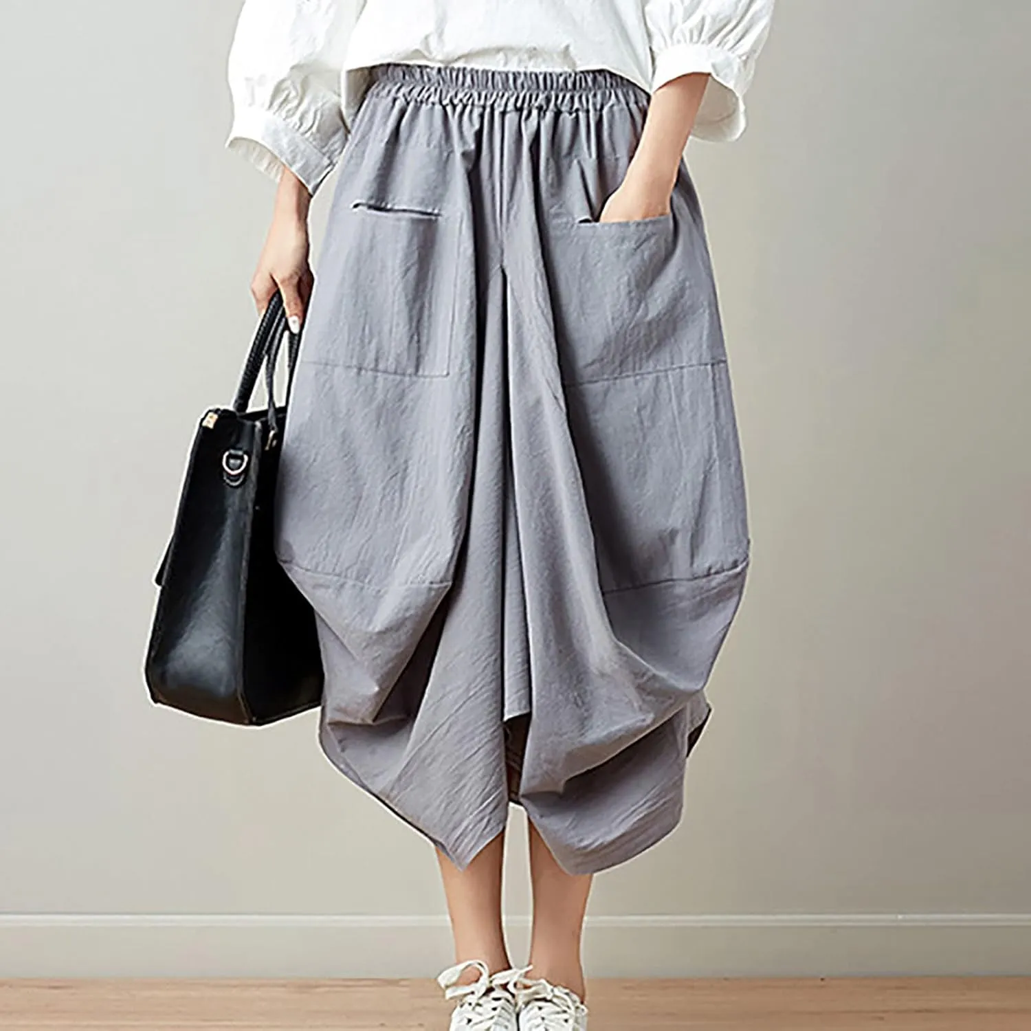 Women's Cotton Linen Harem Skirt Loose Fit Baggy Midi Skirts with Pockets Casual Boho Beach Dress Streetwear