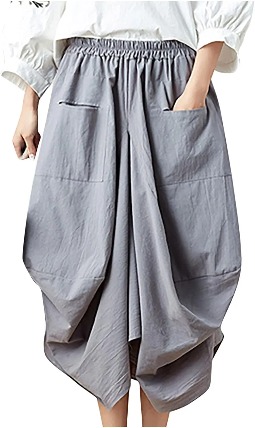Women's Cotton Linen Harem Skirt Loose Fit Baggy Midi Skirts with Pockets Casual Boho Beach Dress Streetwear
