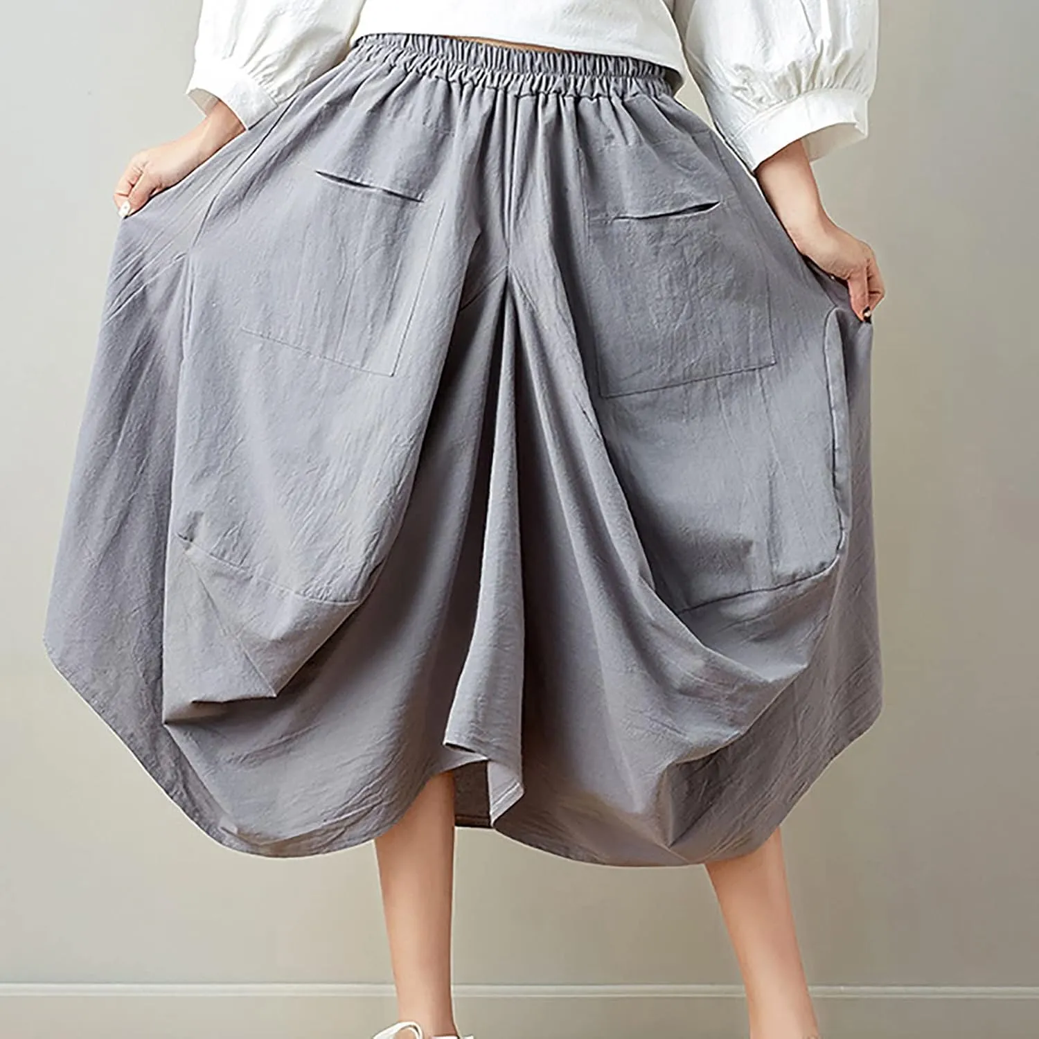 Women's Cotton Linen Harem Skirt Loose Fit Baggy Midi Skirts with Pockets Casual Boho Beach Dress Streetwear