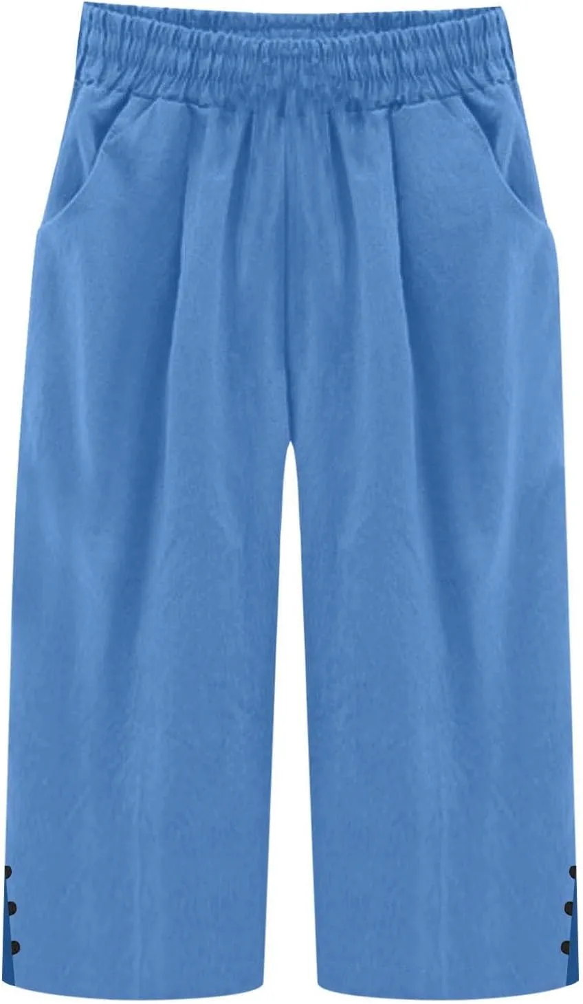 Womens Cotton Linen Pants Casual Straight Leg Pant Summer Trendy Elastic High Waist Wide Leg Trousers with Slit Hem