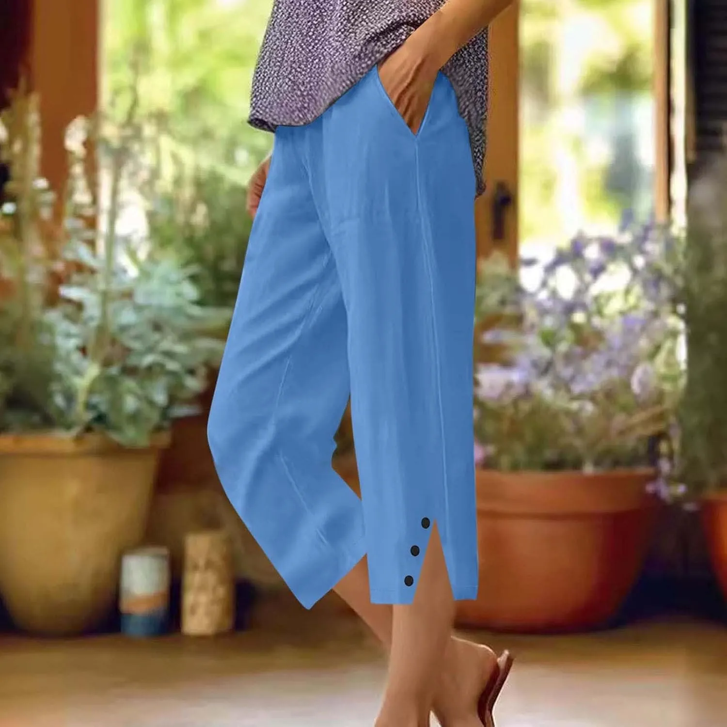 Womens Cotton Linen Pants Casual Straight Leg Pant Summer Trendy Elastic High Waist Wide Leg Trousers with Slit Hem