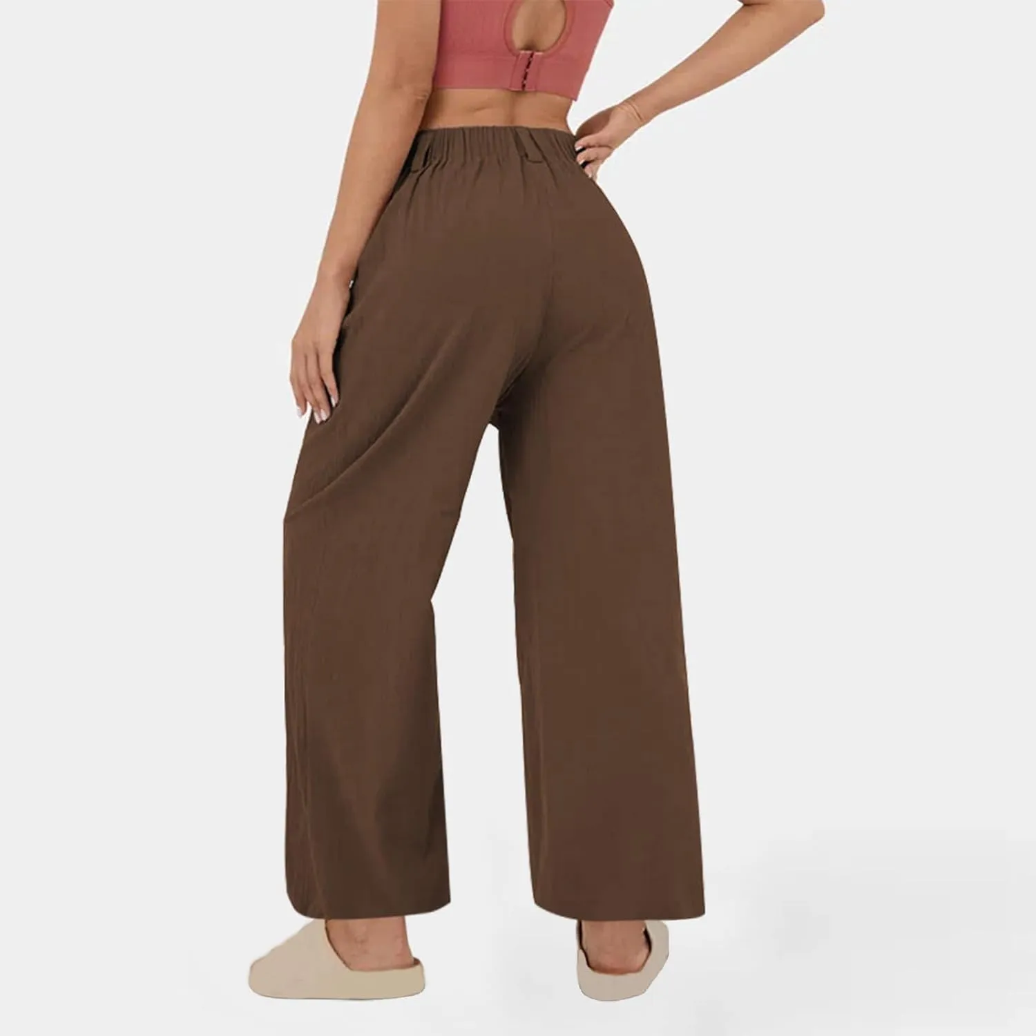 Women's Cotton Linen Pants Solid Color Wide Leg Palazzo Pants High Waist Casual Summer Beach Trousers with Pockets