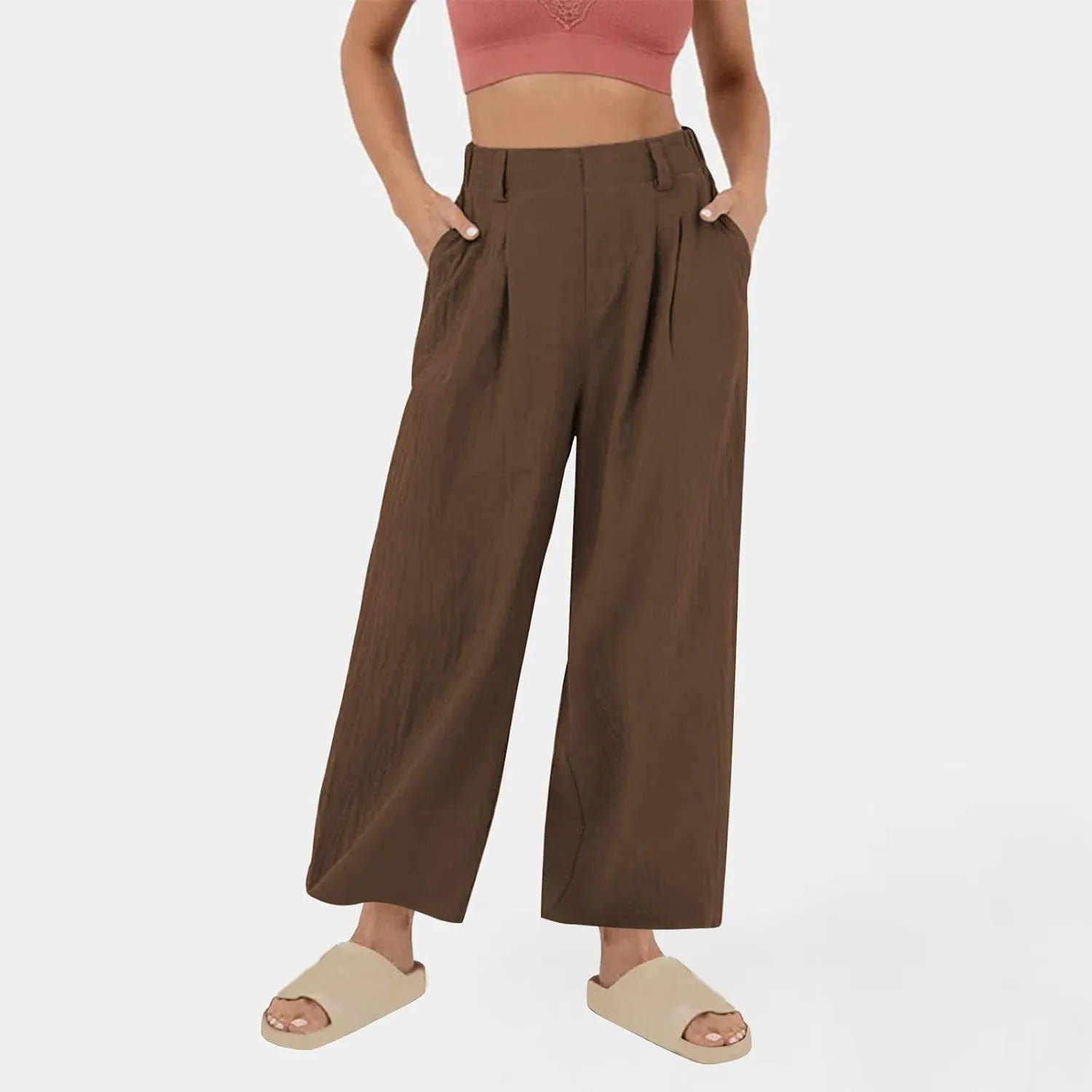 Women's Cotton Linen Pants Solid Color Wide Leg Palazzo Pants High Waist Casual Summer Beach Trousers with Pockets