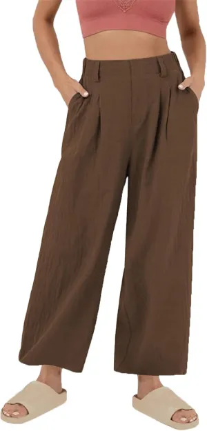 Women's Cotton Linen Pants Solid Color Wide Leg Palazzo Pants High Waist Casual Summer Beach Trousers with Pockets