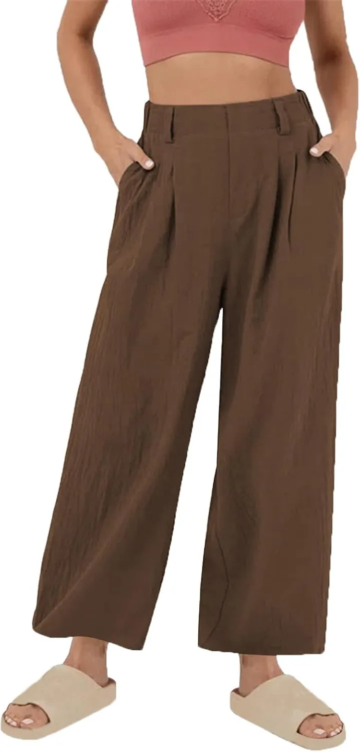 Women's Cotton Linen Pants Solid Color Wide Leg Palazzo Pants High Waist Casual Summer Beach Trousers with Pockets