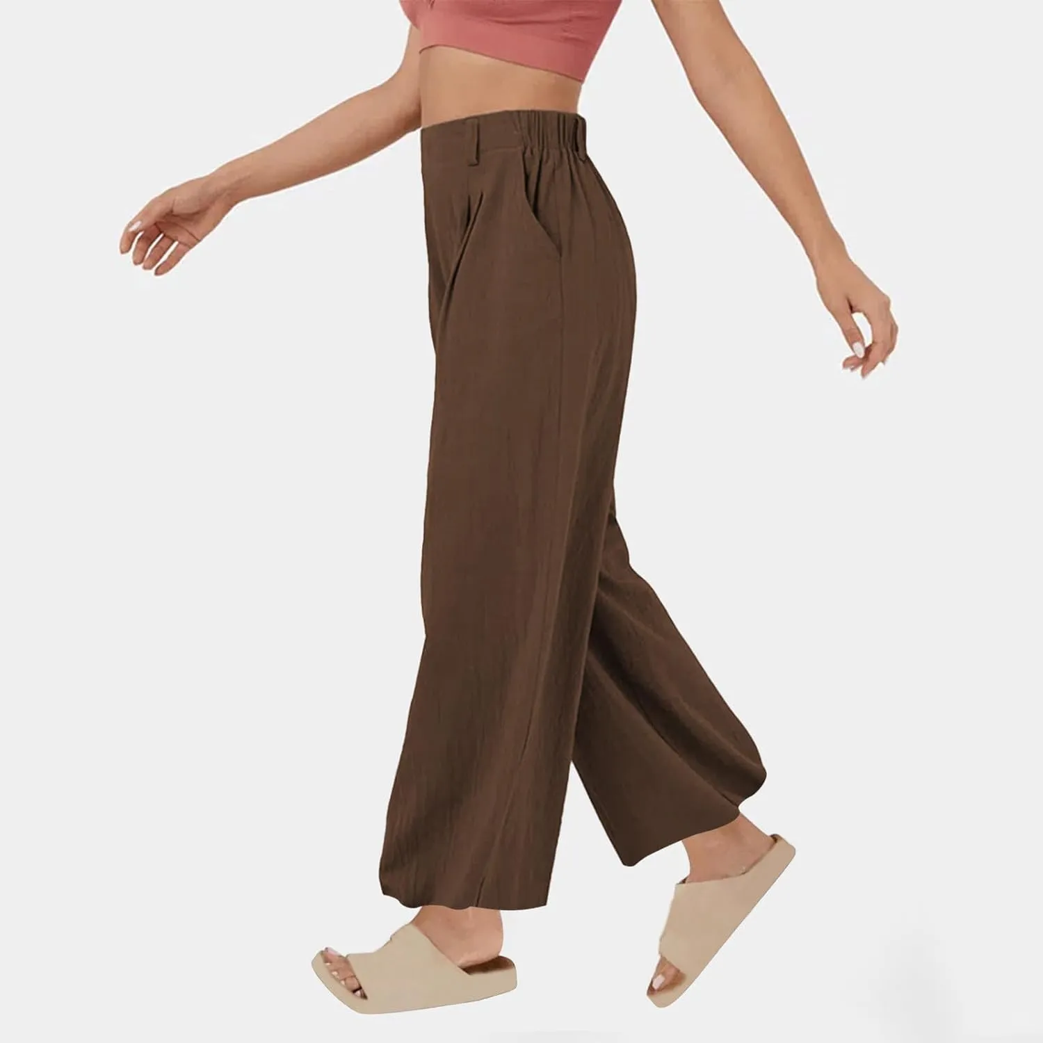 Women's Cotton Linen Pants Solid Color Wide Leg Palazzo Pants High Waist Casual Summer Beach Trousers with Pockets