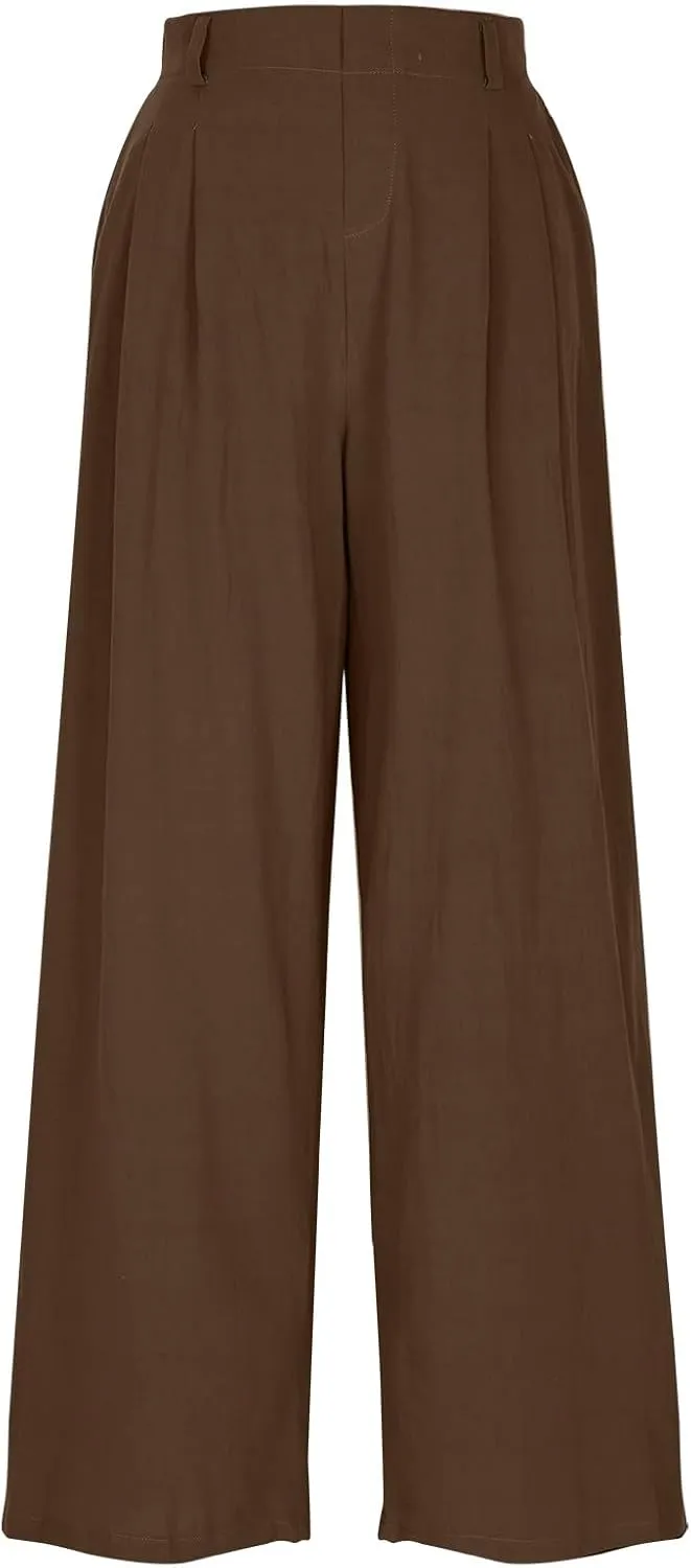 Women's Cotton Linen Pants Solid Color Wide Leg Palazzo Pants High Waist Casual Summer Beach Trousers with Pockets
