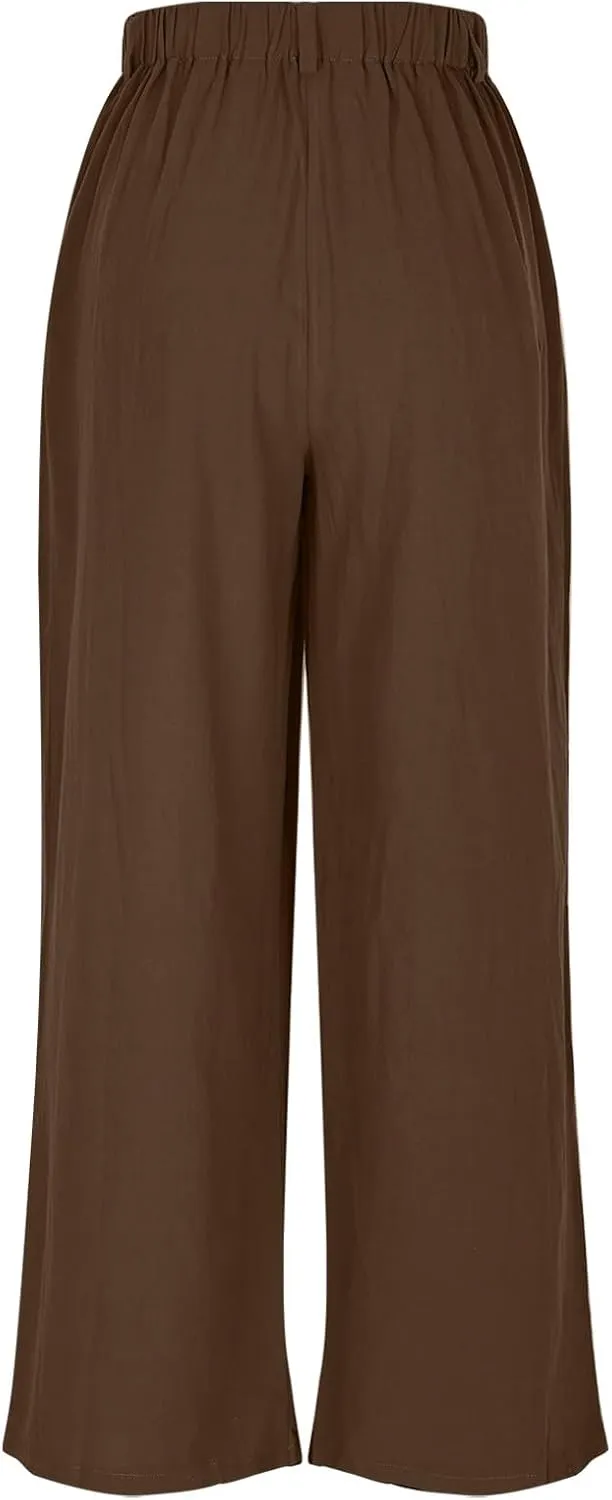 Women's Cotton Linen Pants Solid Color Wide Leg Palazzo Pants High Waist Casual Summer Beach Trousers with Pockets