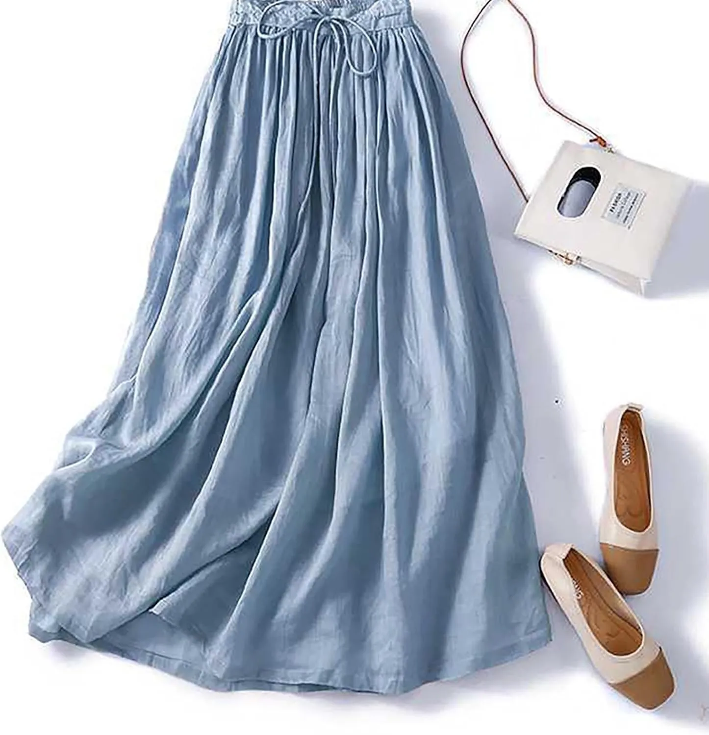 Women's Cotton Linen Skirt Drawstring Waist A Line Beach Flowy Long Skirts Summer Casual Beach Boho Pleated Dress