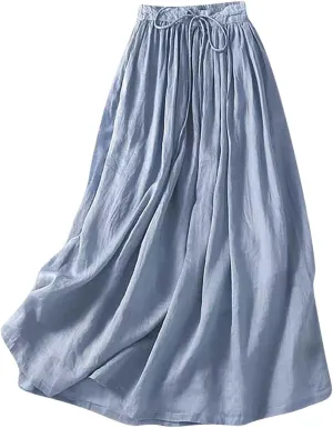 Women's Cotton Linen Skirt Drawstring Waist A Line Beach Flowy Long Skirts Summer Casual Beach Boho Pleated Dress
