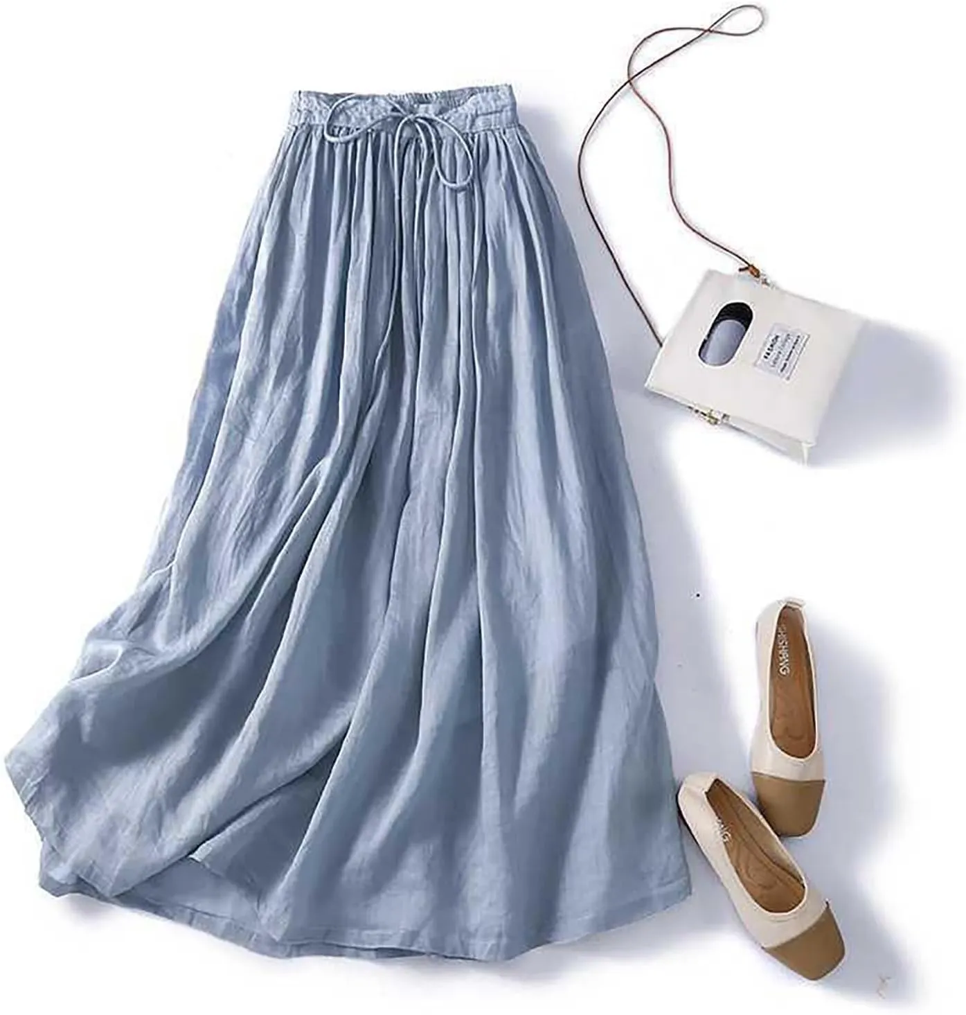 Women's Cotton Linen Skirt Drawstring Waist A Line Beach Flowy Long Skirts Summer Casual Beach Boho Pleated Dress