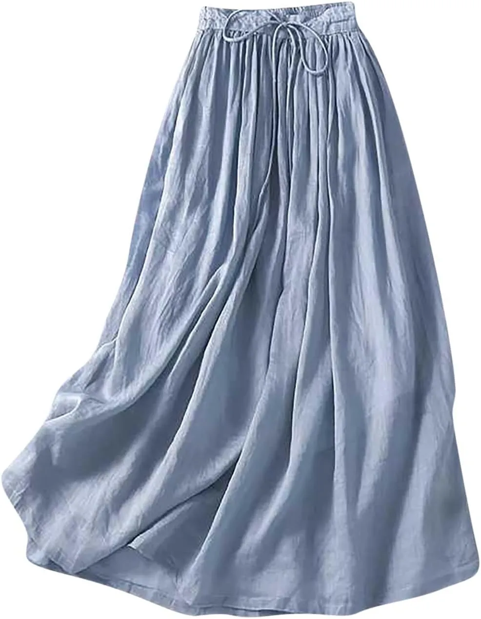Women's Cotton Linen Skirt Drawstring Waist A Line Beach Flowy Long Skirts Summer Casual Beach Boho Pleated Dress