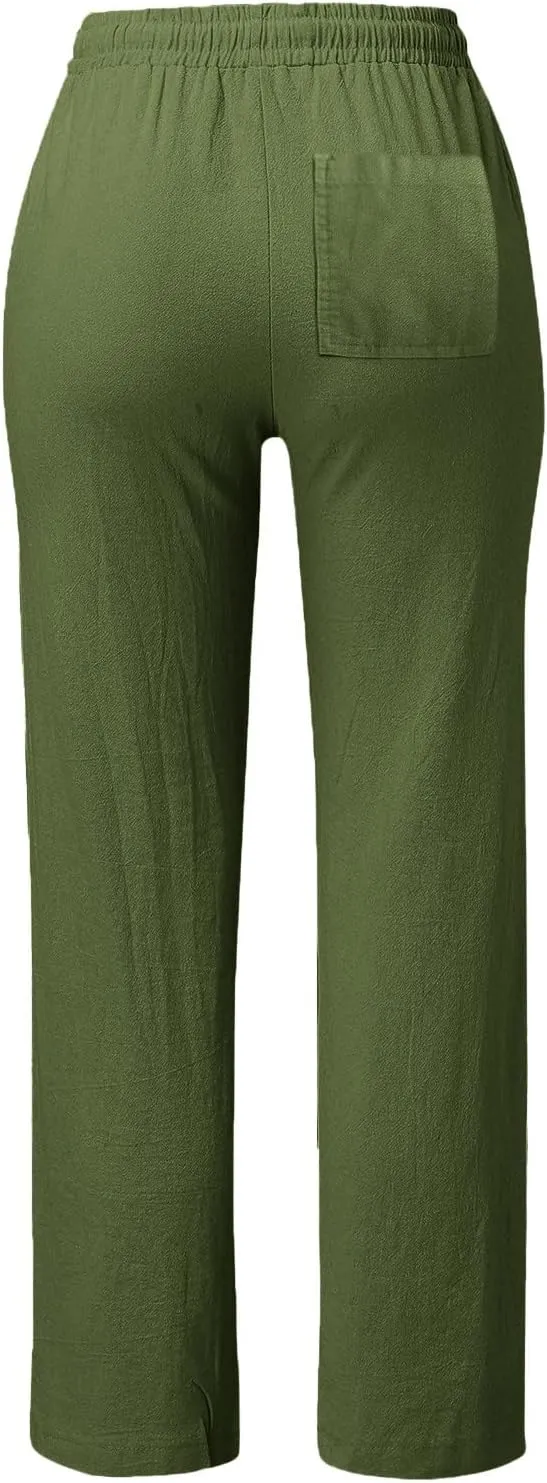 Women's Cotton Linen Straight Leg Pants Casual Summer Loose Sweatpants Tapered Ankle Capris Cropped Beach Trousers
