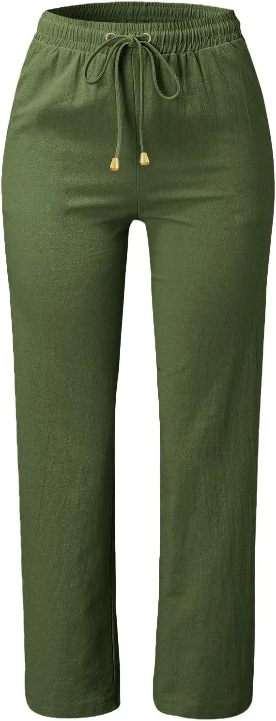 Women's Cotton Linen Straight Leg Pants Casual Summer Loose Sweatpants Tapered Ankle Capris Cropped Beach Trousers
